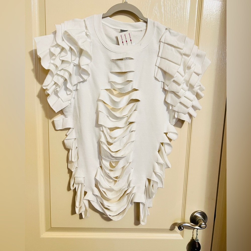 Custom White Ruffled Sweatshirt. Size MEDIUM